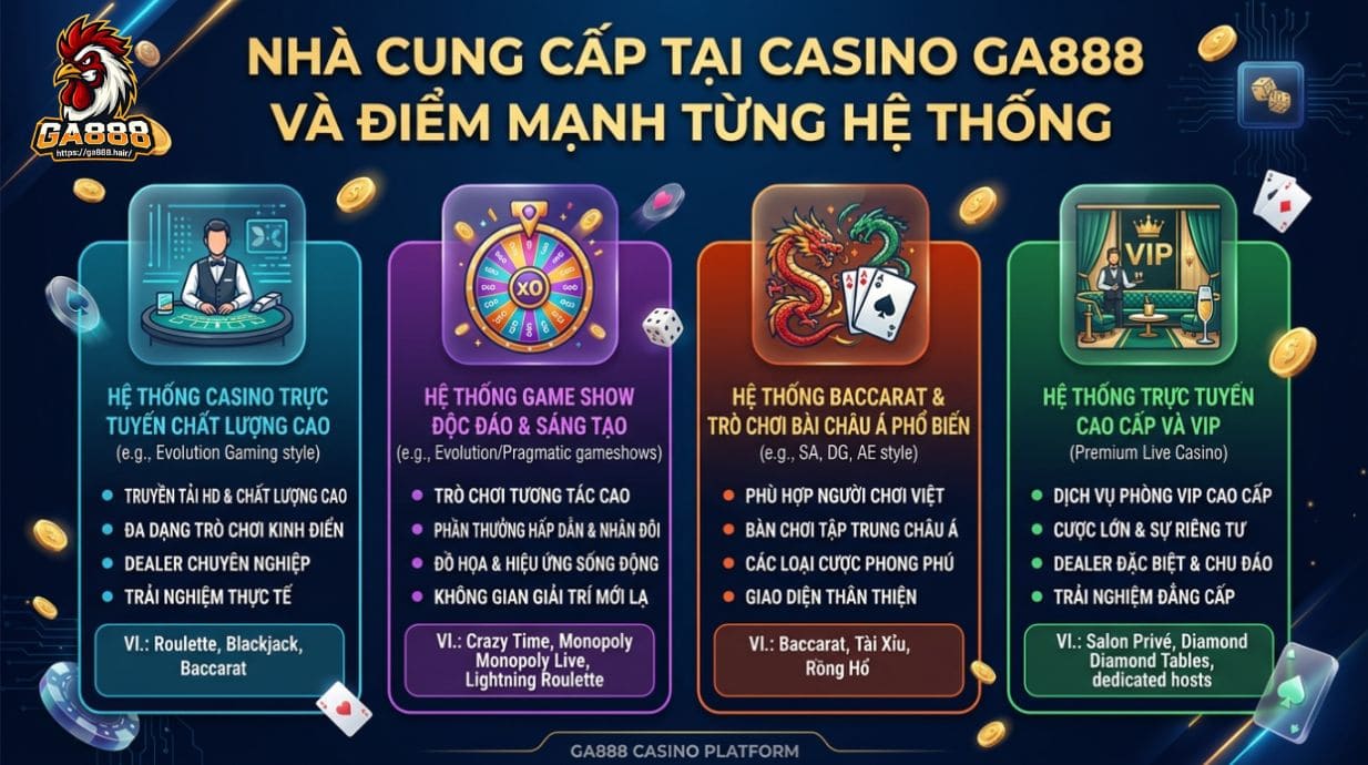 Nhà cung cấp tại casino GA888 và điểm mạnh từng hệ thống